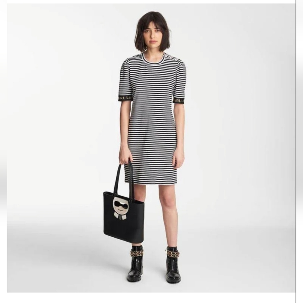 Karl Lagerfeld Paris Striped Logo Tape Puff Sleeve Dress Black/White